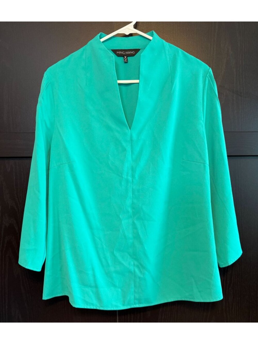 Ming Wang Split Neck Pintuck Long Sleeve Green Tunic Blouse Medium Office Career